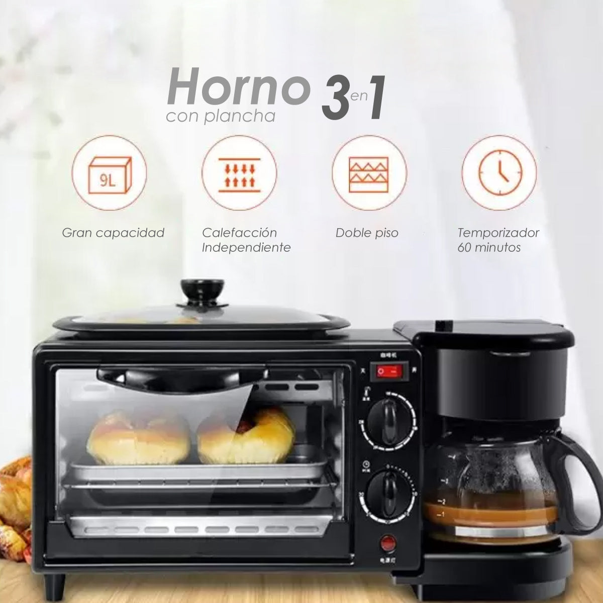 Horno Electrico Cafetera Freidora 3 En 1